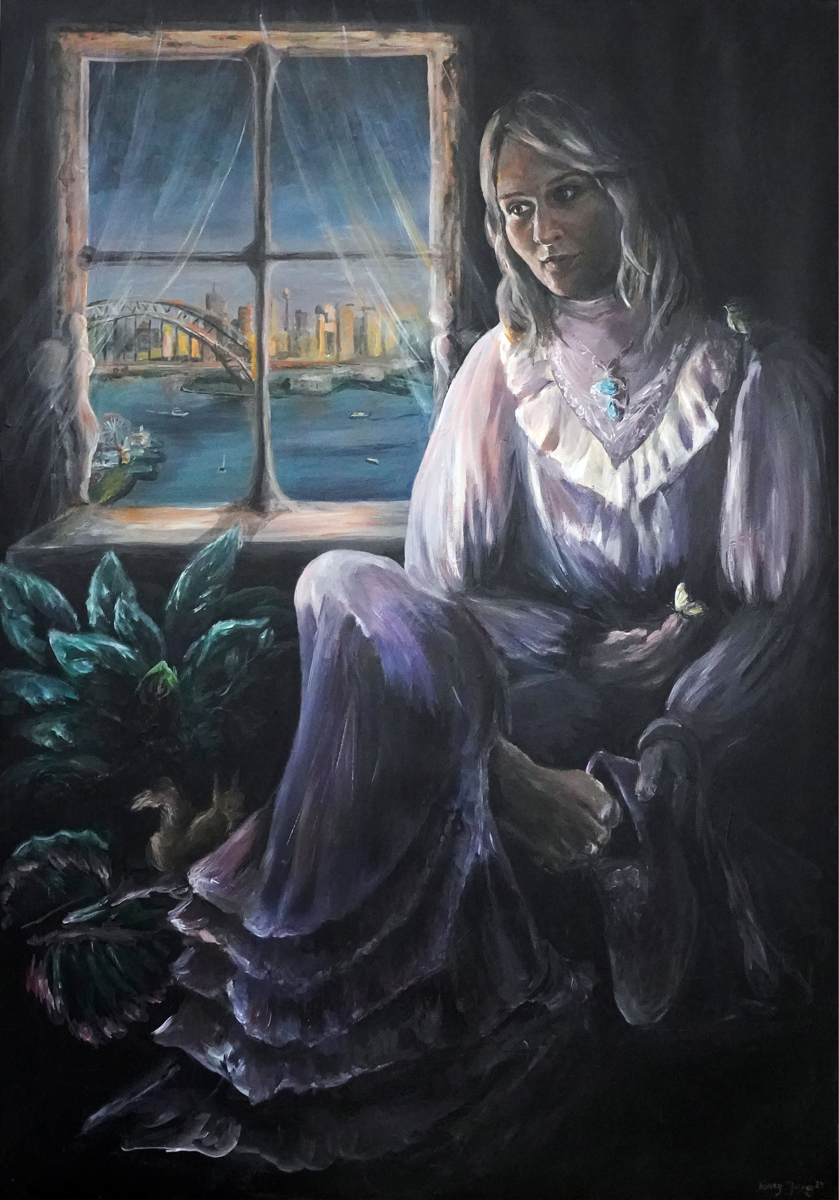 Selbstporträt - Bleiben oder aufbrechen?, 80 x 115 cm, Acryl auf Leinwand, 2025
