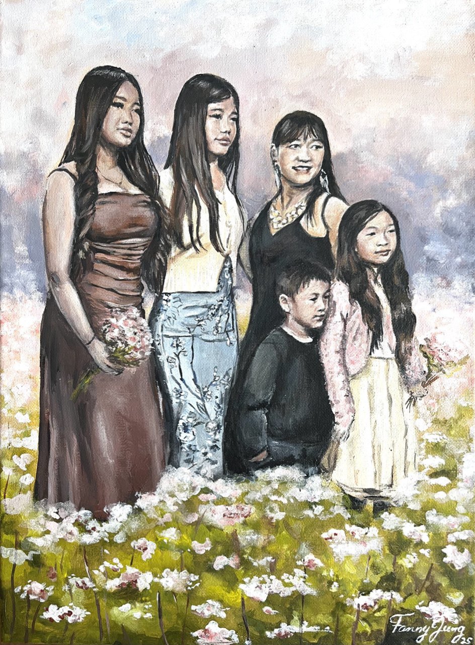 Familie im Blumenfeld, 30 x 40 cm, Acryl auf Leinwand, 2025